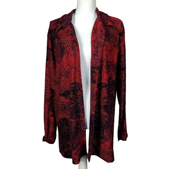 Vintage Chico's Tunic Size XL Red Black Animal Print Long Sleeve Sparkle Artsy - Picture 3 of 9